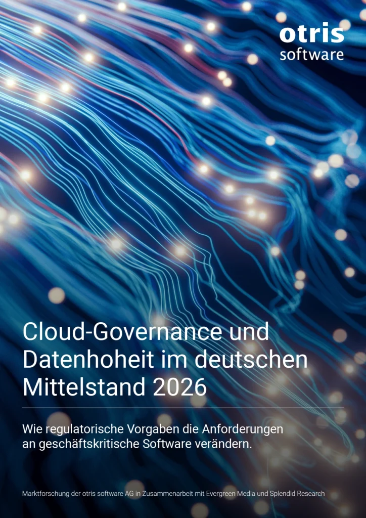 Cover image for a report: blue flowing network lines with glowing nodes, otis software logo top-right, and German title about Cloud-Governance for German SMEs 2026. Cover image for a report: blue flowing network lines with glowing nodes, otis software logo top-right, and German title about Cloud-Governance for German SMEs 2026.